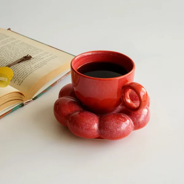 VillHeart Sunflower Cups and Saucer | Red Ceramic Cups for Delightful Evening Tea